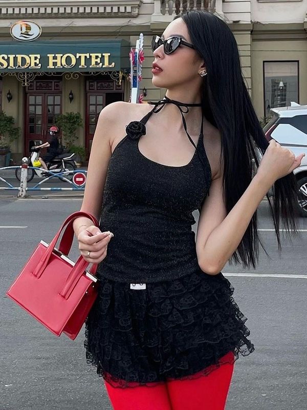 Fashion baru rempah-rempah seksi bordir renda up halter pinggang ramping vest warna padat